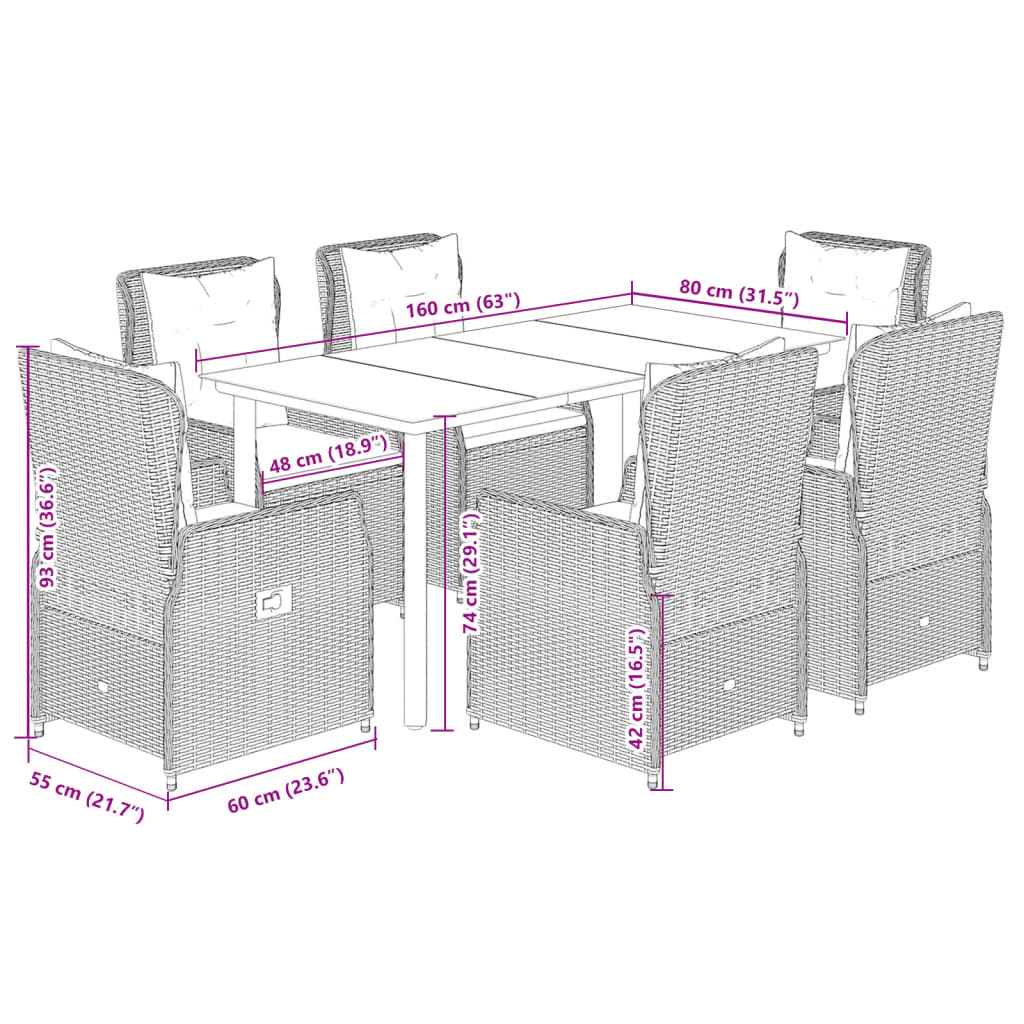 7-tlg. Garten-Essgruppe mit Kissen Beige Poly Rattan