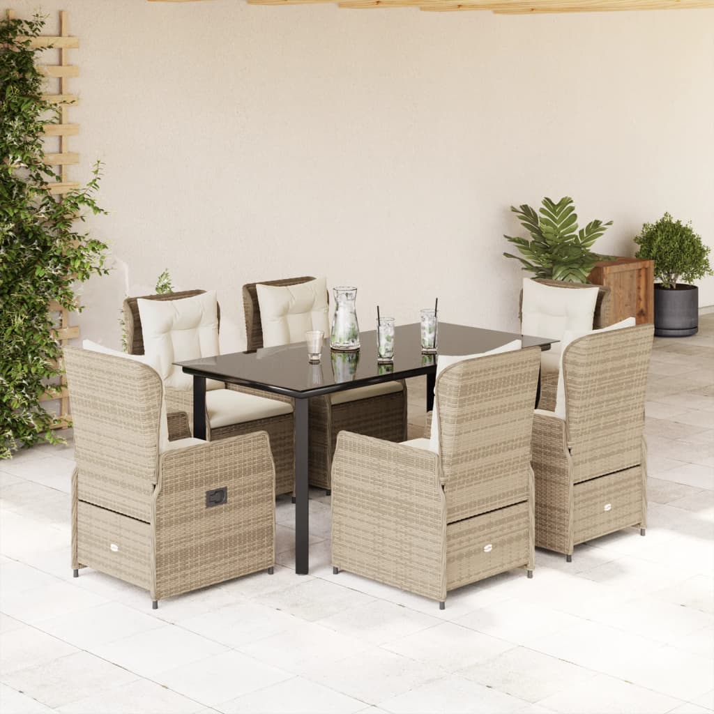 7-tlg. Garten-Essgruppe mit Kissen Beige Poly Rattan