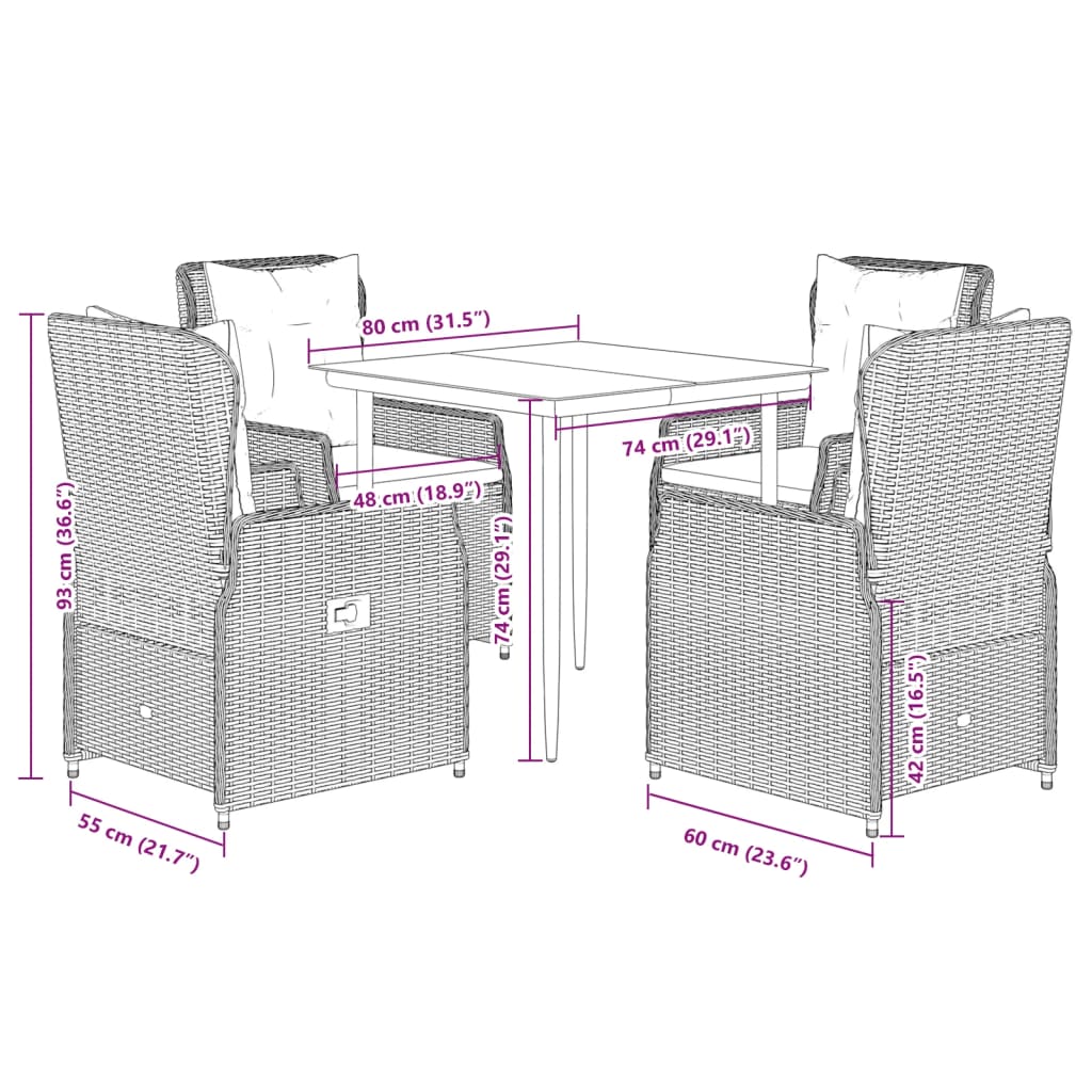 5-tlg. Garten-Essgruppe mit Kissen Hellgrau Poly Rattan