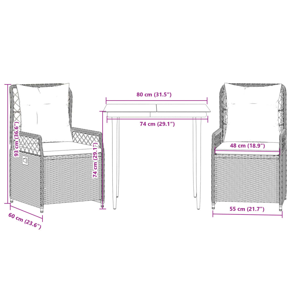 3-tlg. Garten-Essgruppe mit Kissen Braun Poly Rattan