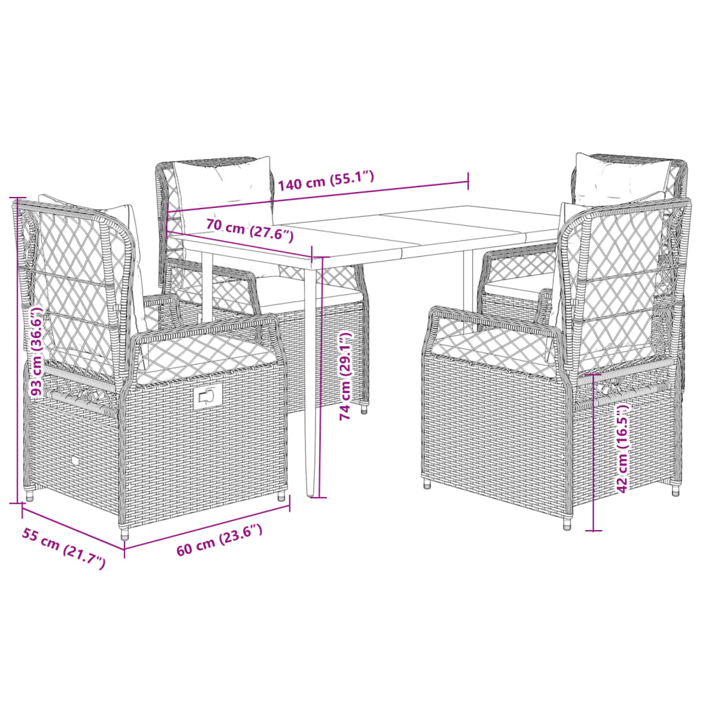 5-tlg. Garten-Essgruppe mit Kissen Beige Poly Rattan