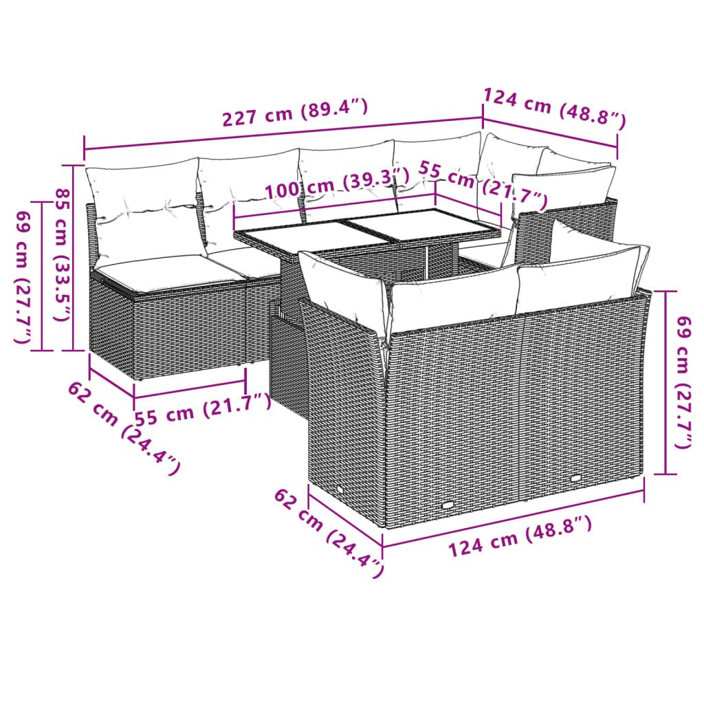 8-teiliges Gartensofa-Set mit Kissen, braun, Polyrattan