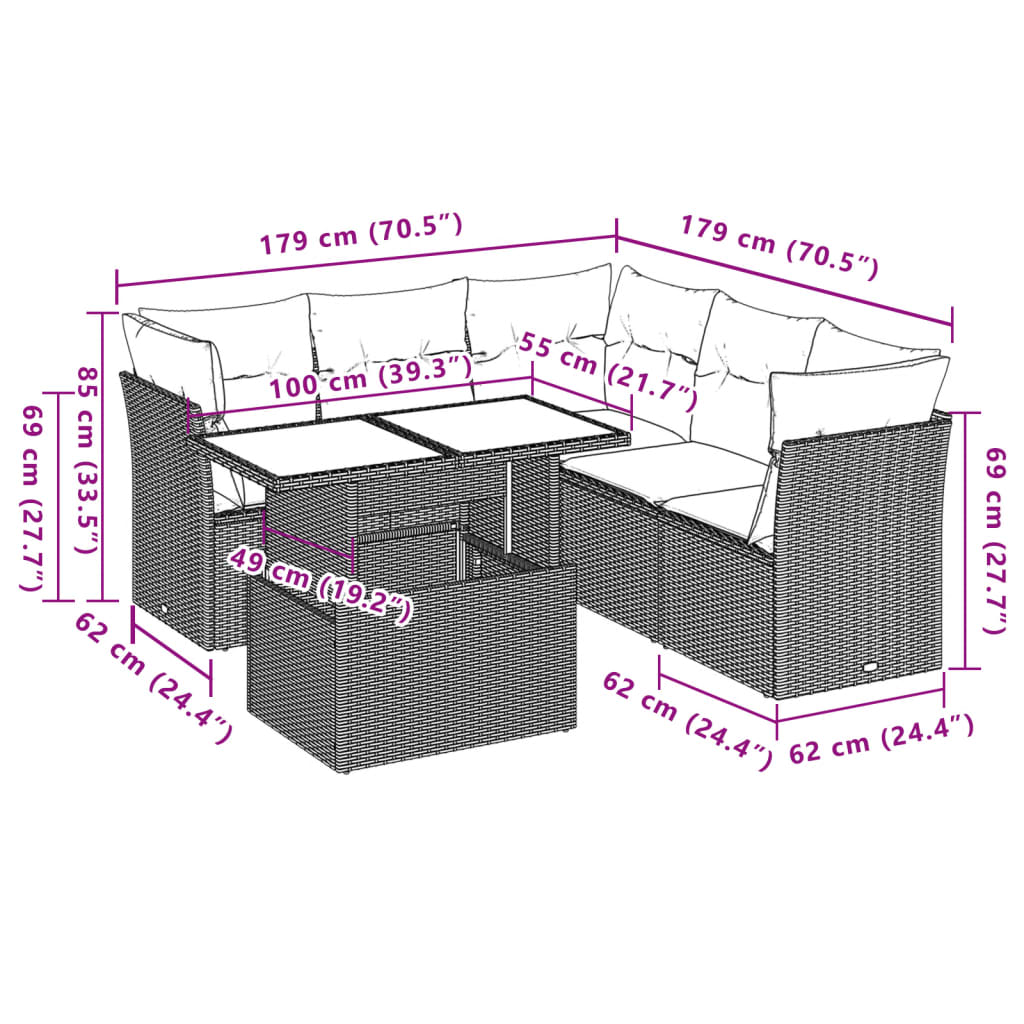 6-teiliges Gartensofa-Set mit Kissen, grau, Polyrattan