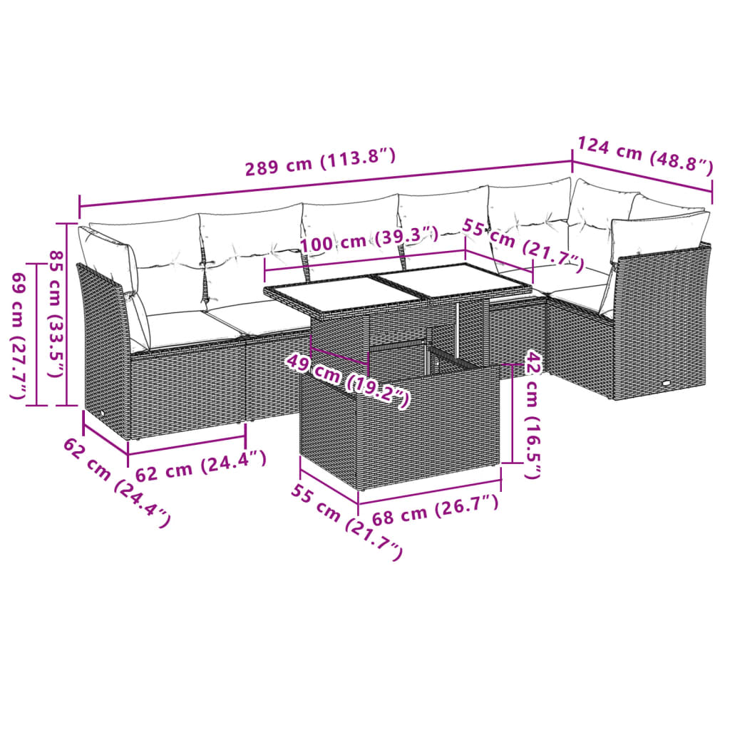 7-teiliges Gartensofa-Set mit Kissen, grau, Polyrattan