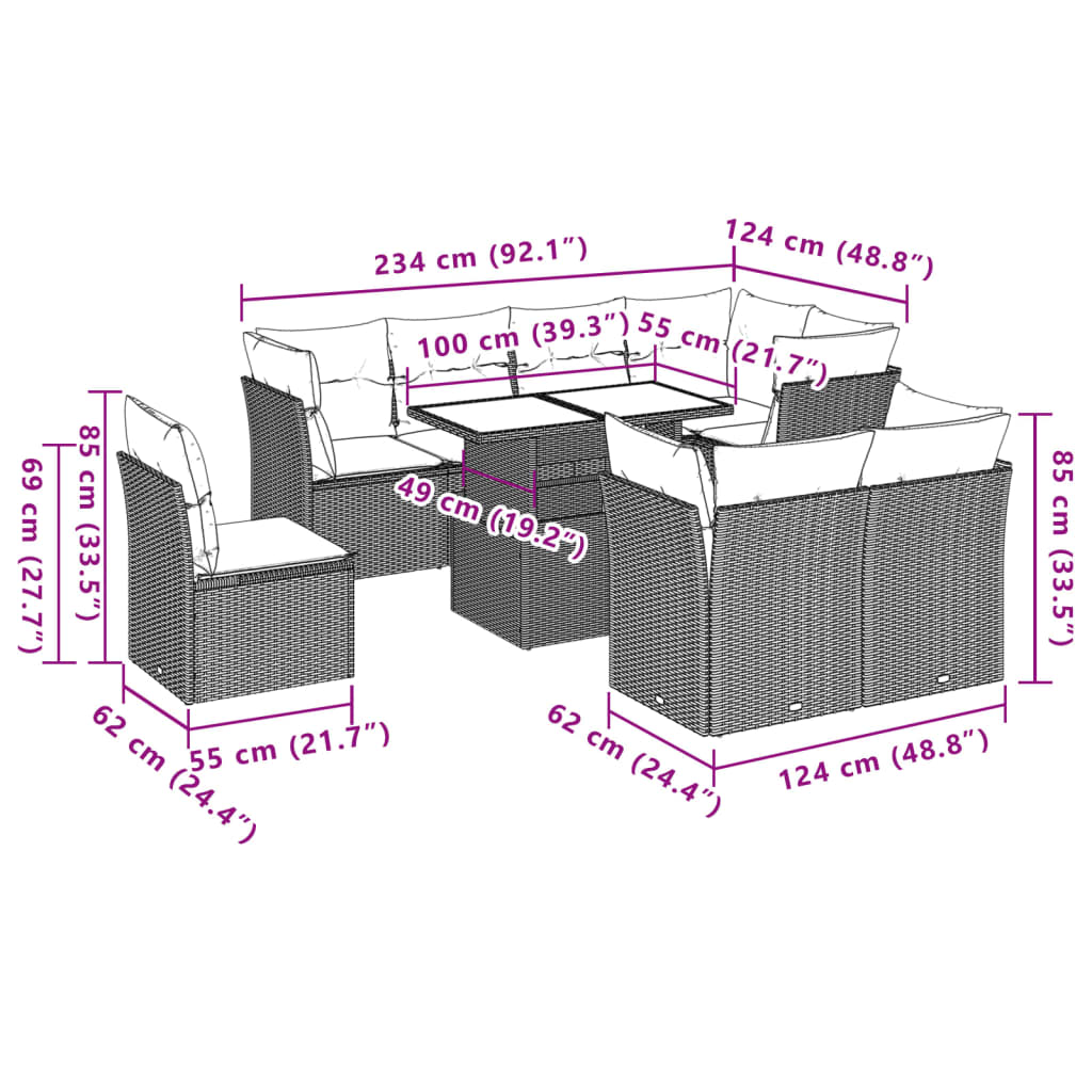 9-teiliges Gartensofa-Set mit Kissen, grau, Polyrattan