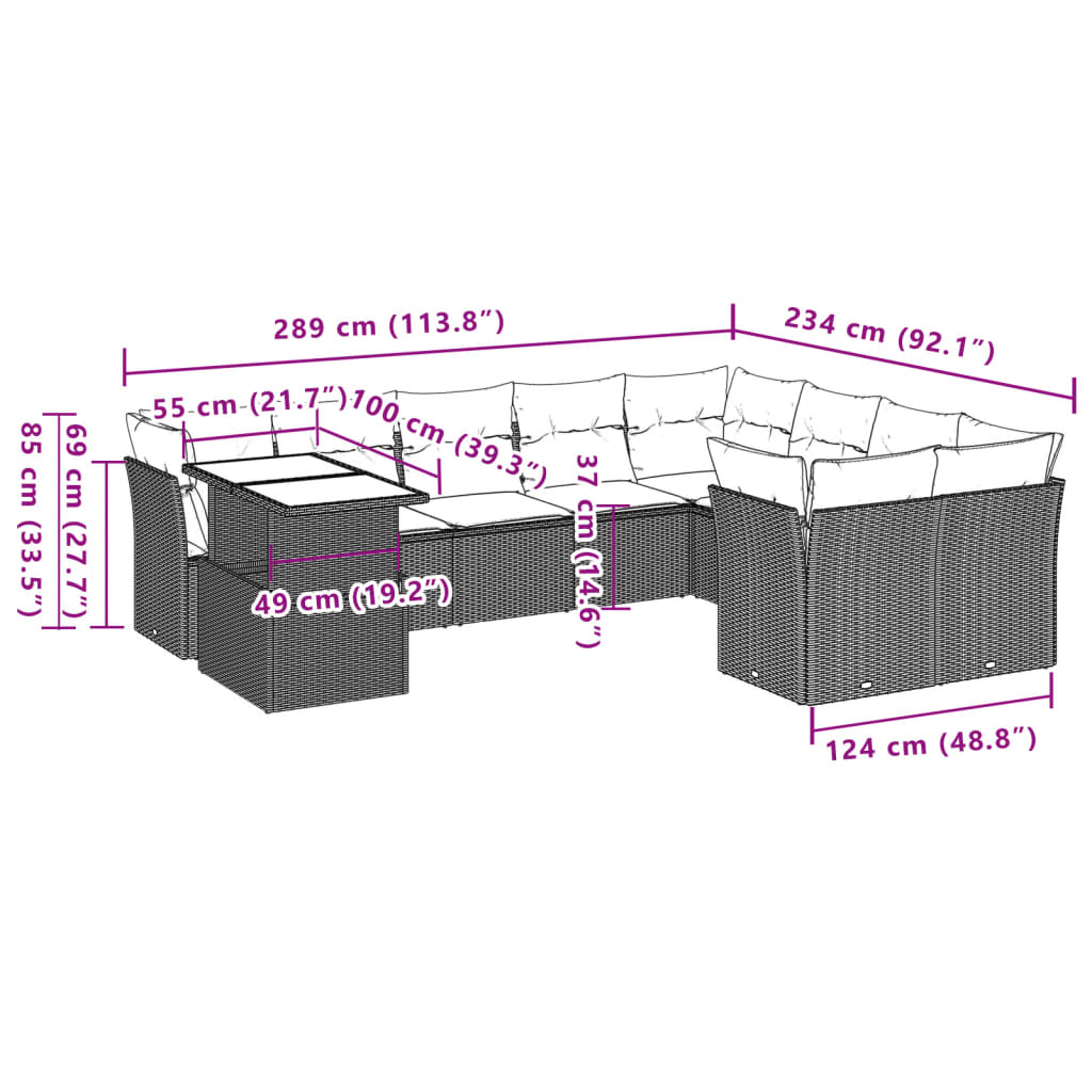 10-teiliges Gartensofa-Set mit Kissen, braun, Polyrattan