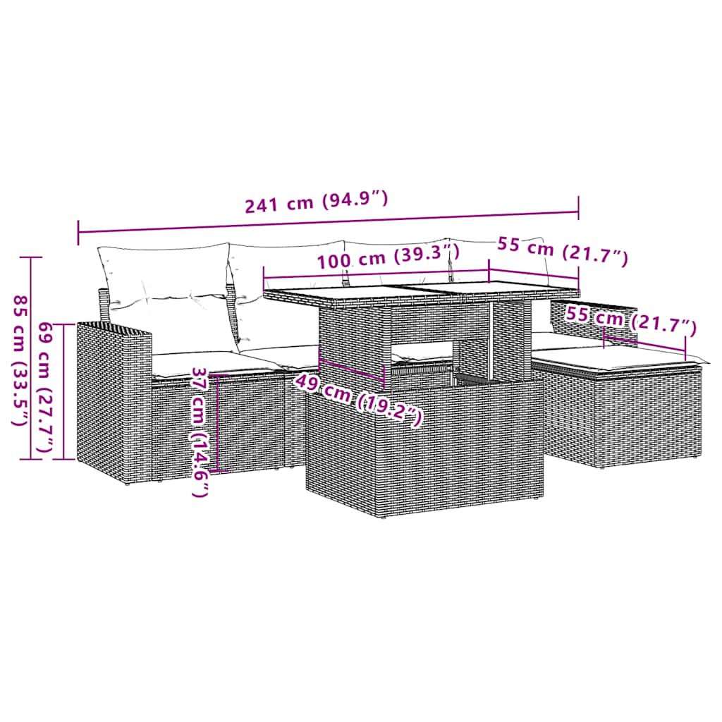 5-teiliges Gartensofa-Set mit Kissen, grau, Polyrattan