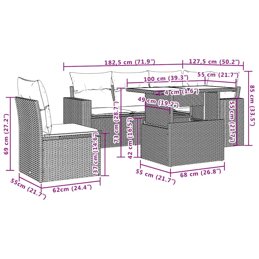 6-teiliges Gartensofa-Set mit Kissen, braun, Polyrattan