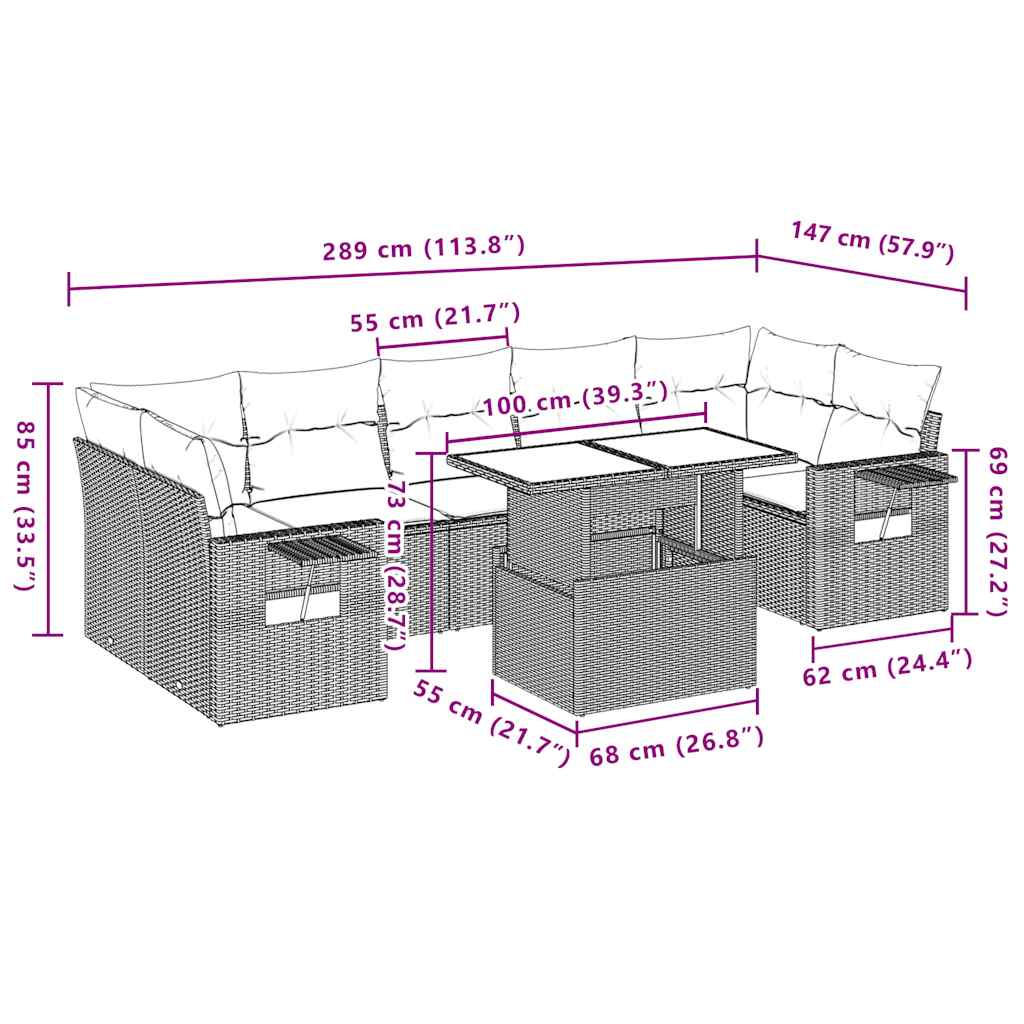 8-teiliges Gartensofa-Set mit Kissen, braun, Polyrattan