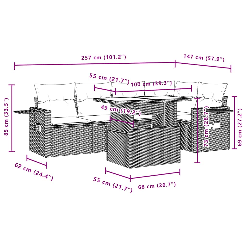 6-teiliges Gartensofa-Set mit Kissen, braun, Polyrattan