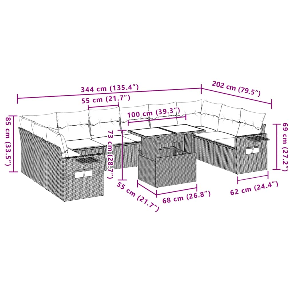 11-teiliges Gartensofa-Set mit Kissen, braun, Polyrattan