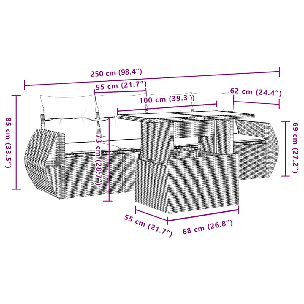 5-teiliges Gartensofa-Set mit Kissen, grau, Polyrattan