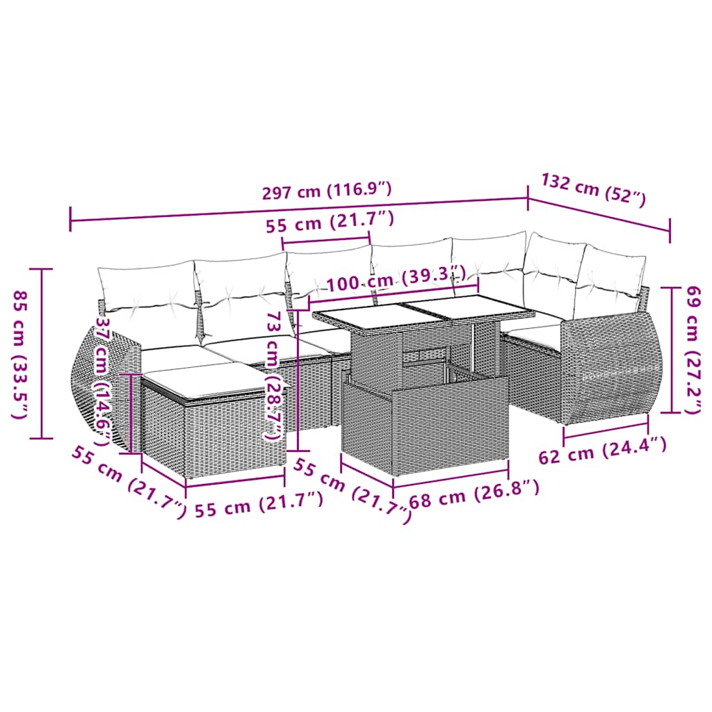 8-teiliges Gartensofa-Set mit Kissen, grau, Polyrattan
