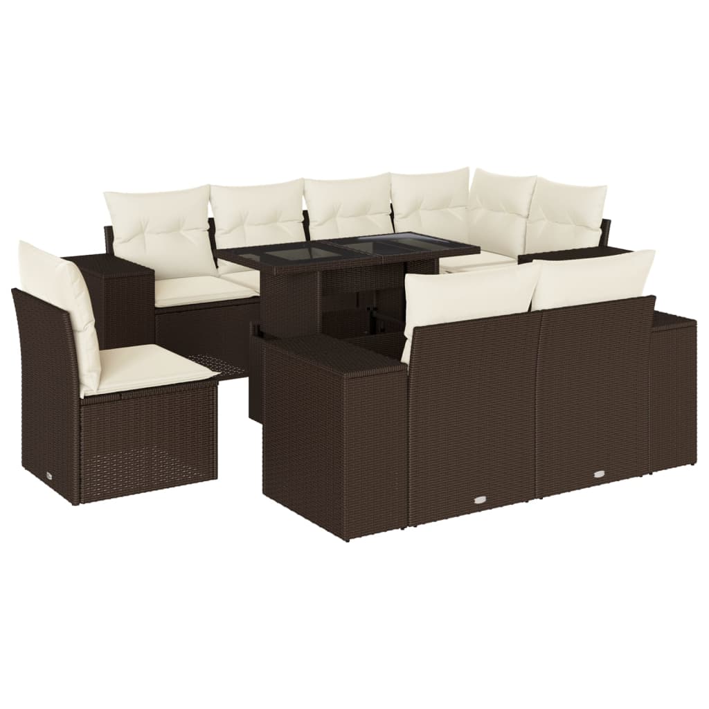 9-tlg. Garten-Sofagarnitur mit Kissen Braun Poly Rattan