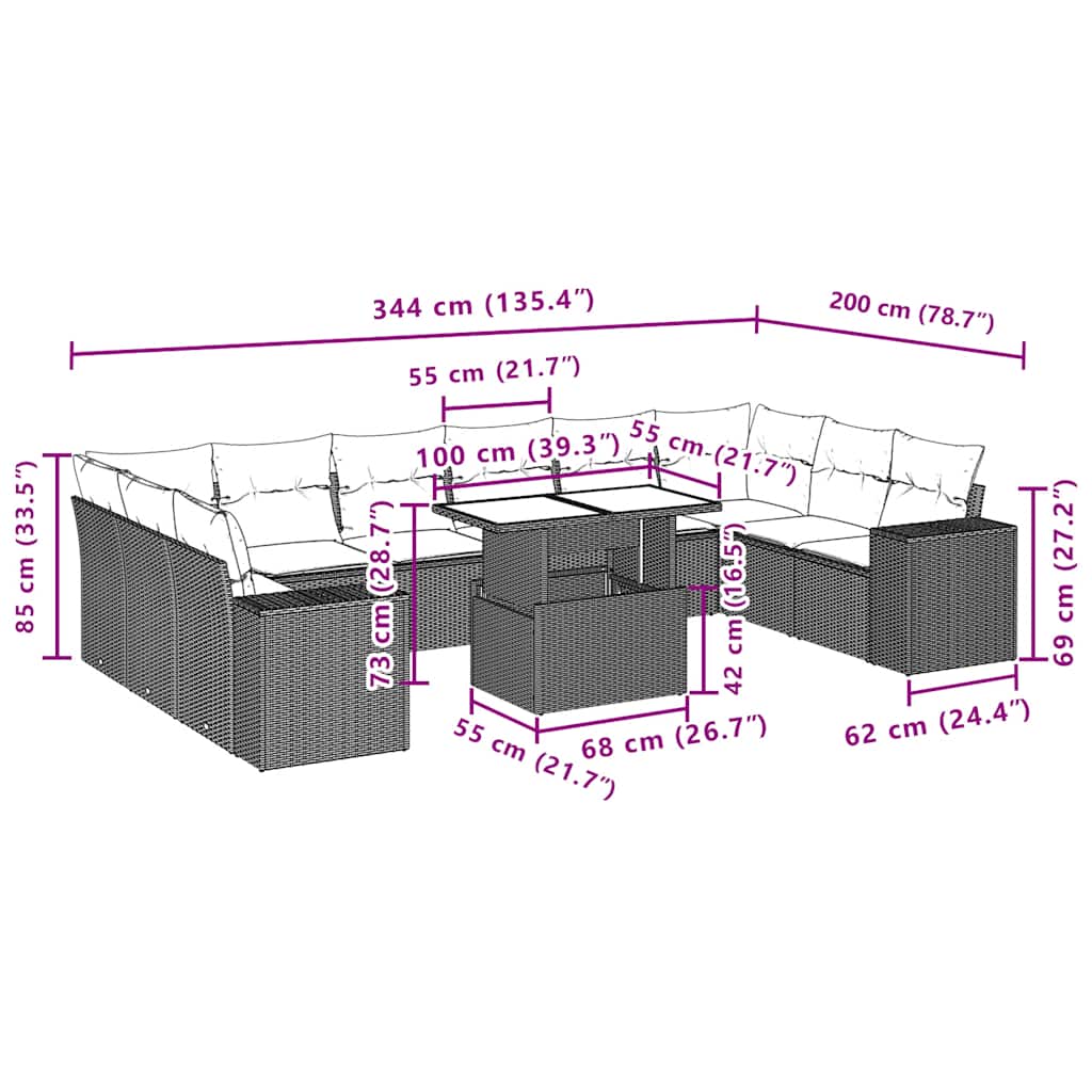 11-teiliges Gartensofa-Set mit Kissen, grau, Polyrattan
