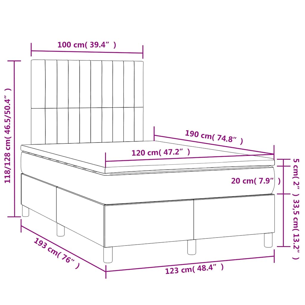 Boxspringbett mit Matratze & LED Hellgrau 120x190 cm Samt
