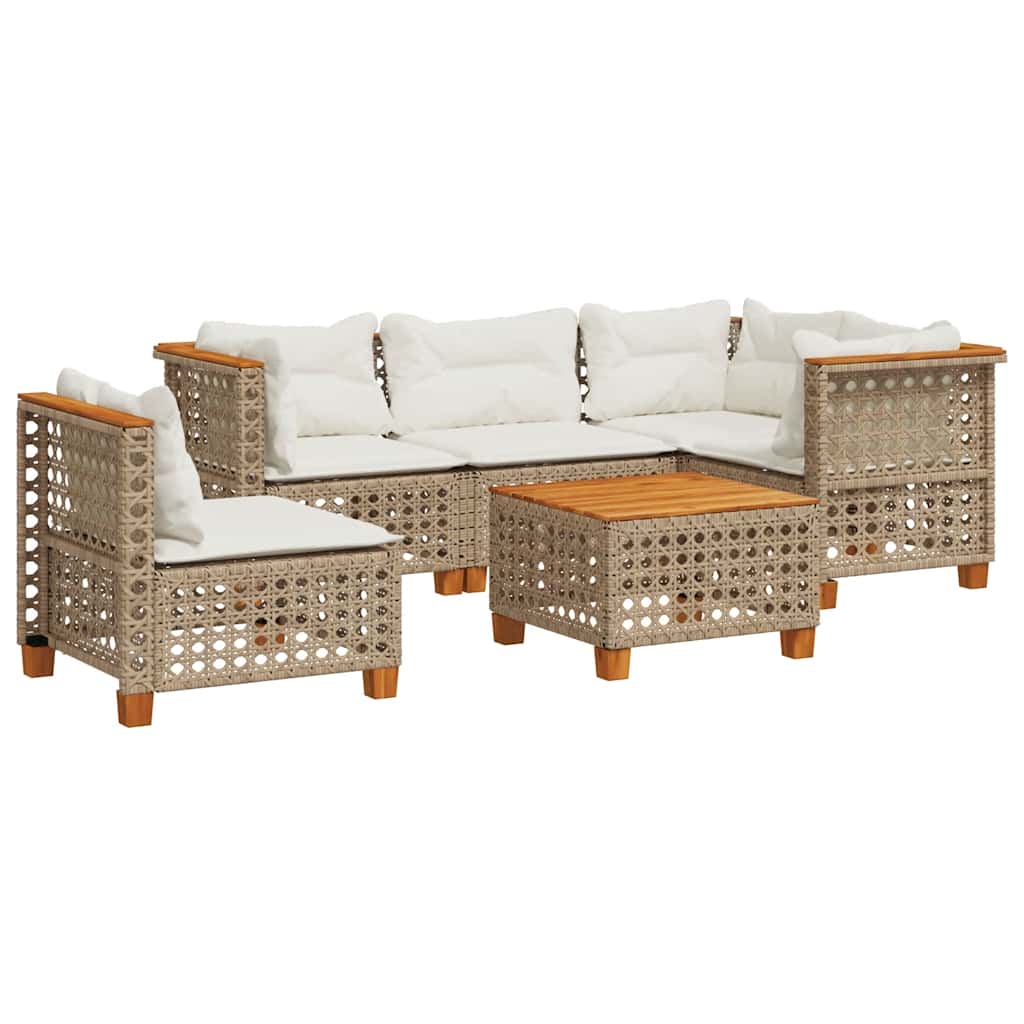 6-tlg. Garten-Sofagarnitur mit Kissen Beige Poly Rattan
