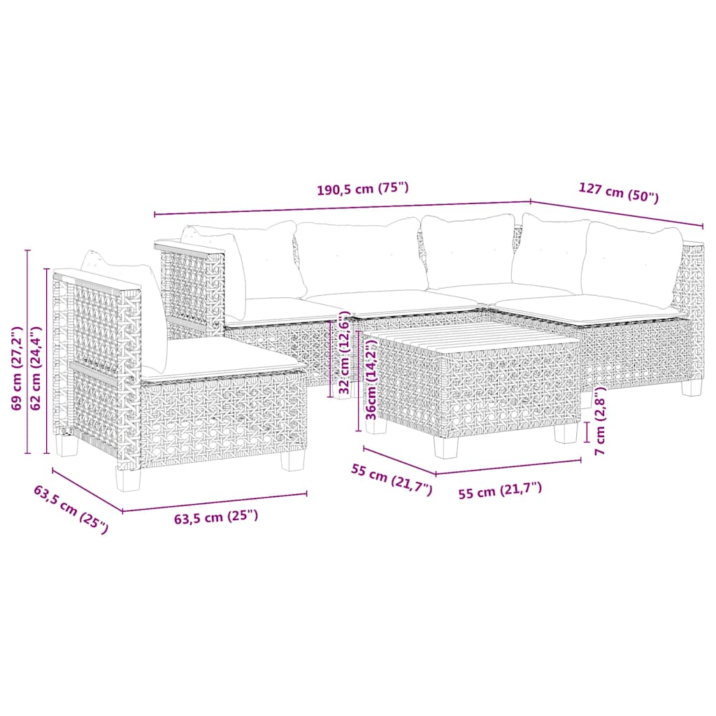 6-tlg. Garten-Sofagarnitur mit Kissen Beige Poly Rattan