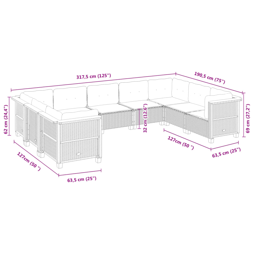 9-tlg. Garten-Sofagarnitur mit Kissen Grau Poly Rattan