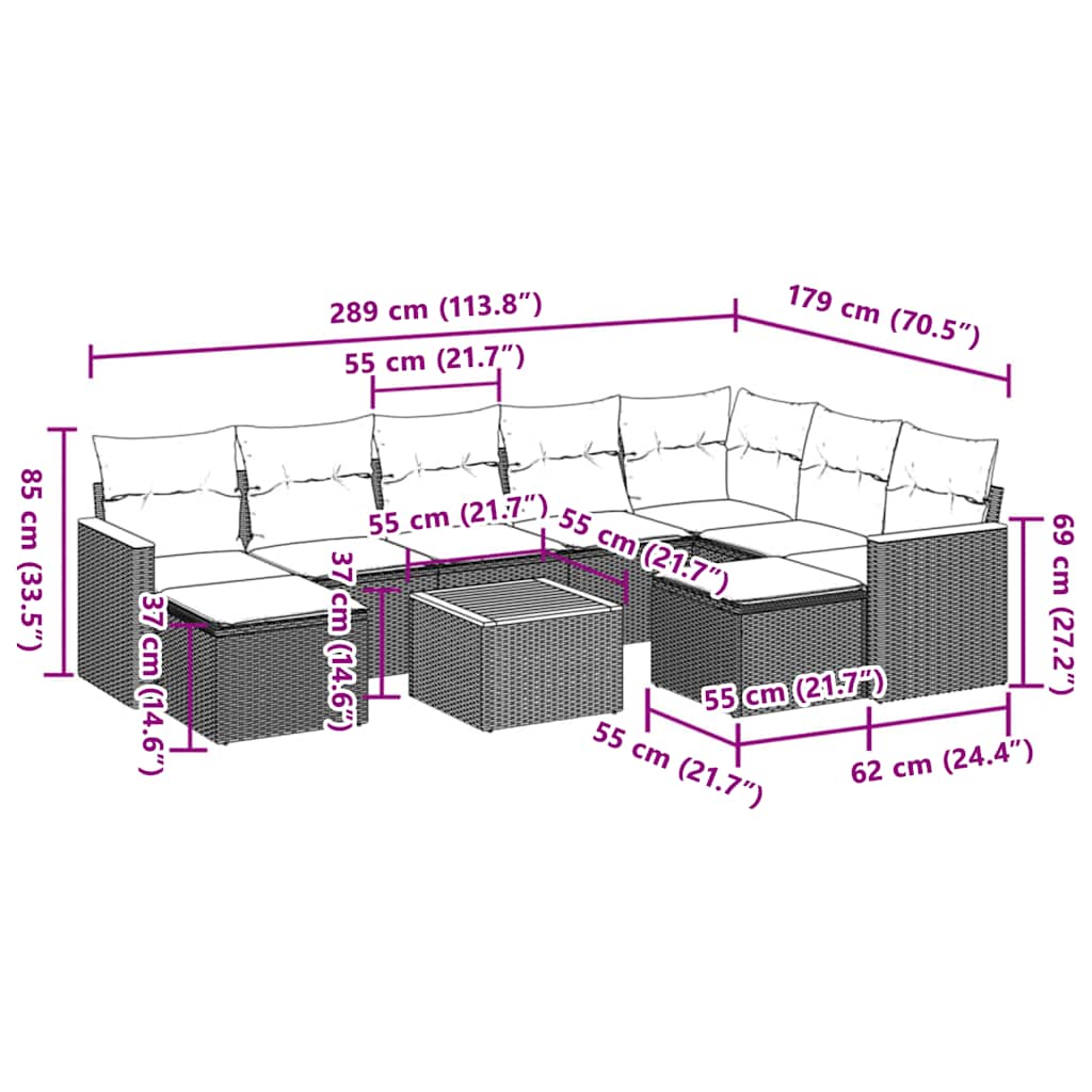 10-tlg. Garten-Sofagarnitur mit Kissen Beige Poly Rattan