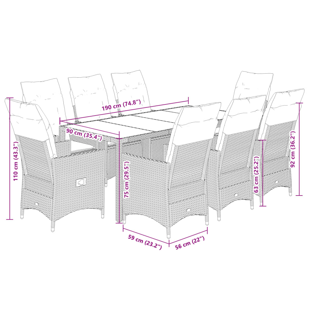 9-tlg. Garten-Essgruppe mit Kissen Grau Poly Rattan