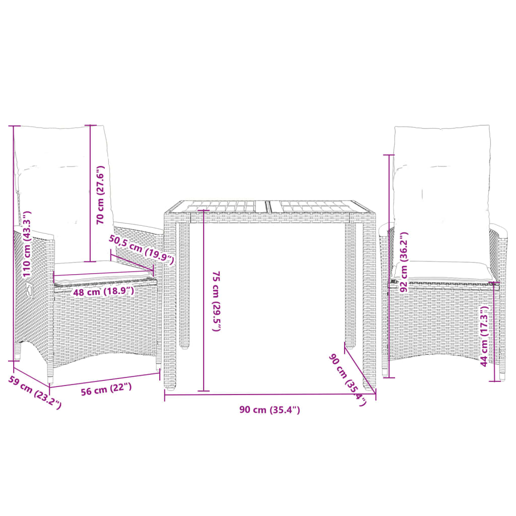 3-tlg. Bistro-Set mit Kissen Grau Poly Rattan