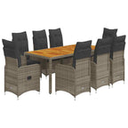 9-tlg. Garten-Bistro-Set mit Kissen Grau Poly Rattan