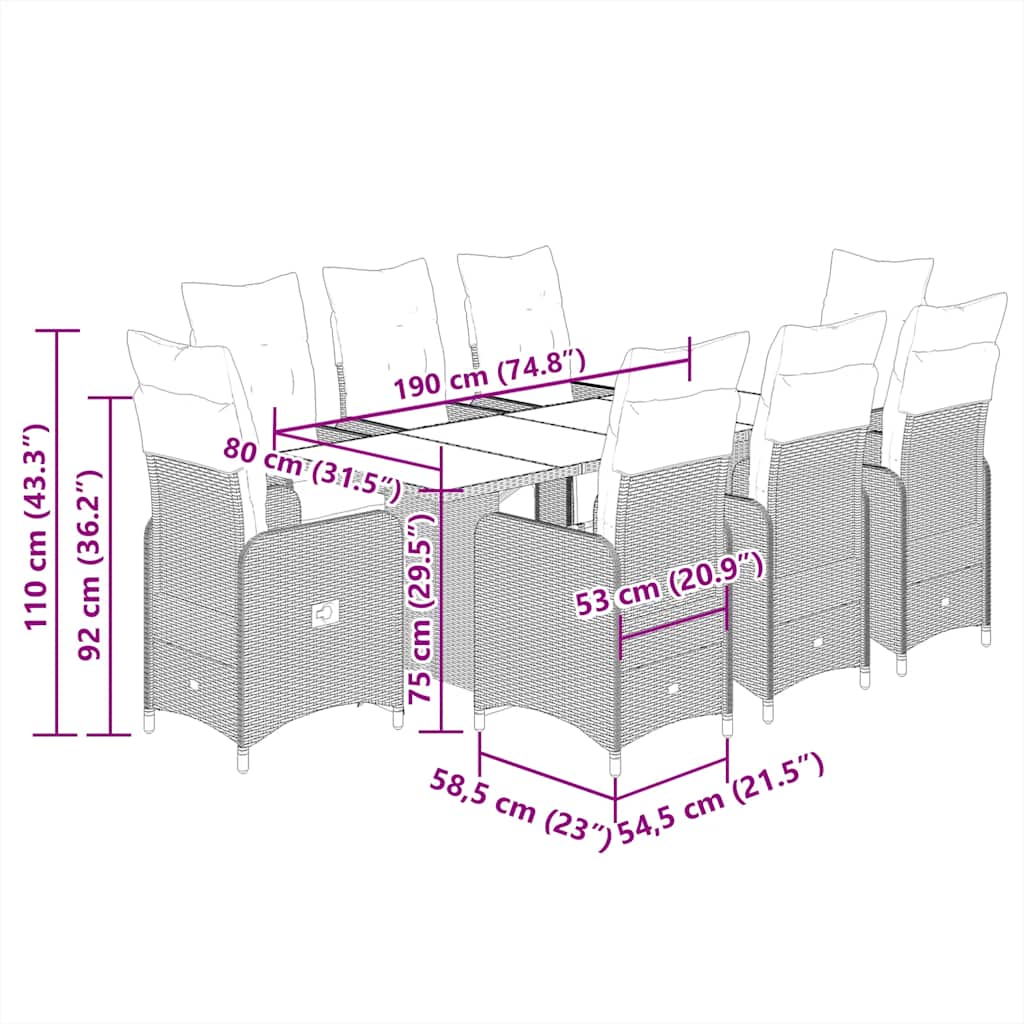 9-tlg. Garten-Bistro-Set mit Kissen Grau Poly Rattan