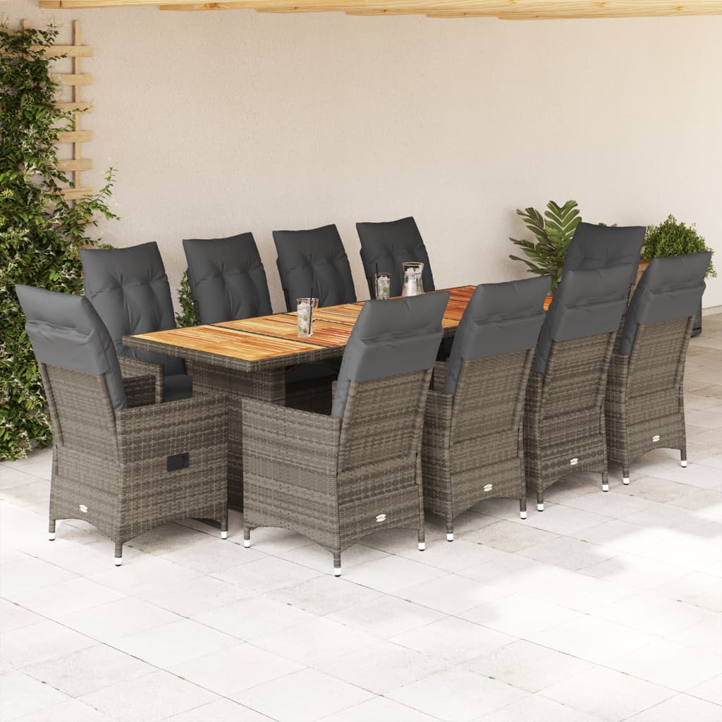 11-tlg. Garten-Bistro-Set mit Kissen Grau Poly Rattan