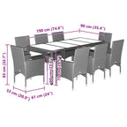 9-tlg. Garten-Essgruppe mit Kissen Schwarz Poly Rattan und Glas