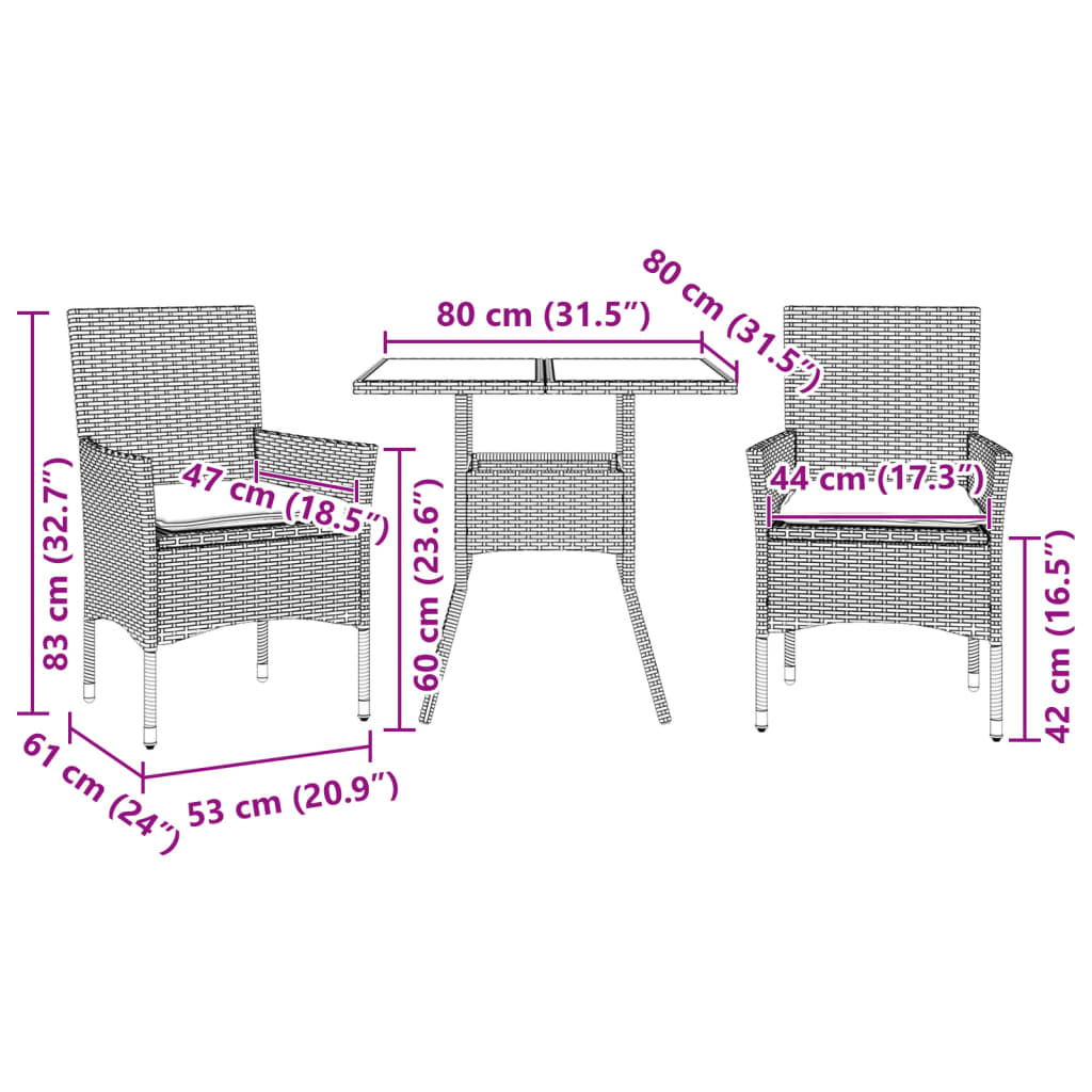 3-tlg. Garten-Essgruppe mit Kissen Schwarz Poly Rattan Akazie