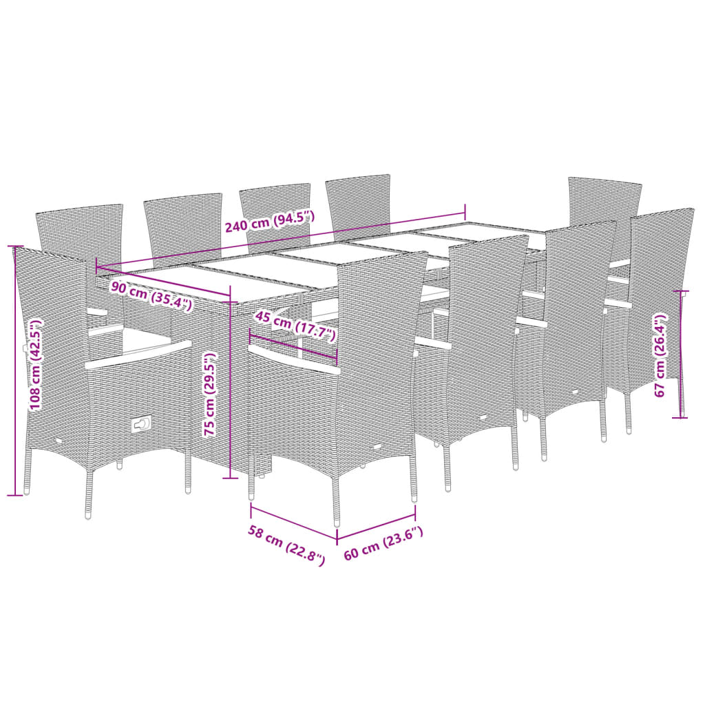 11-tlg. Garten-Essgruppe mit Kissen Schwarz Poly Rattan