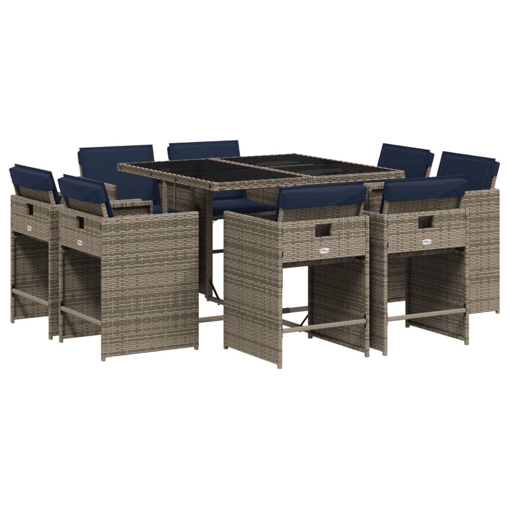 9-teiliges Garten-Ess-Set mit Kissen, grau, Polyrattan