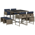 9-teiliges Garten-Ess-Set mit Kissen, grau, Polyrattan