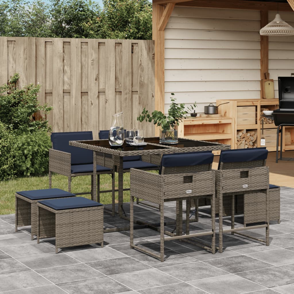 9-teiliges Garten-Ess-Set mit Kissen, grau, Polyrattan