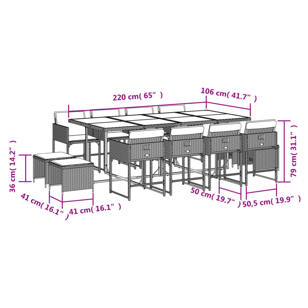 13-teiliges Garten-Ess-Set mit Kissen, grau, Polyrattan