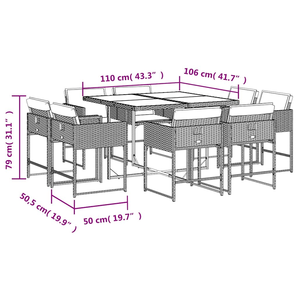 9-tlg. Garten-Essgruppe mit Kissen Beigemischung Poly Rattan