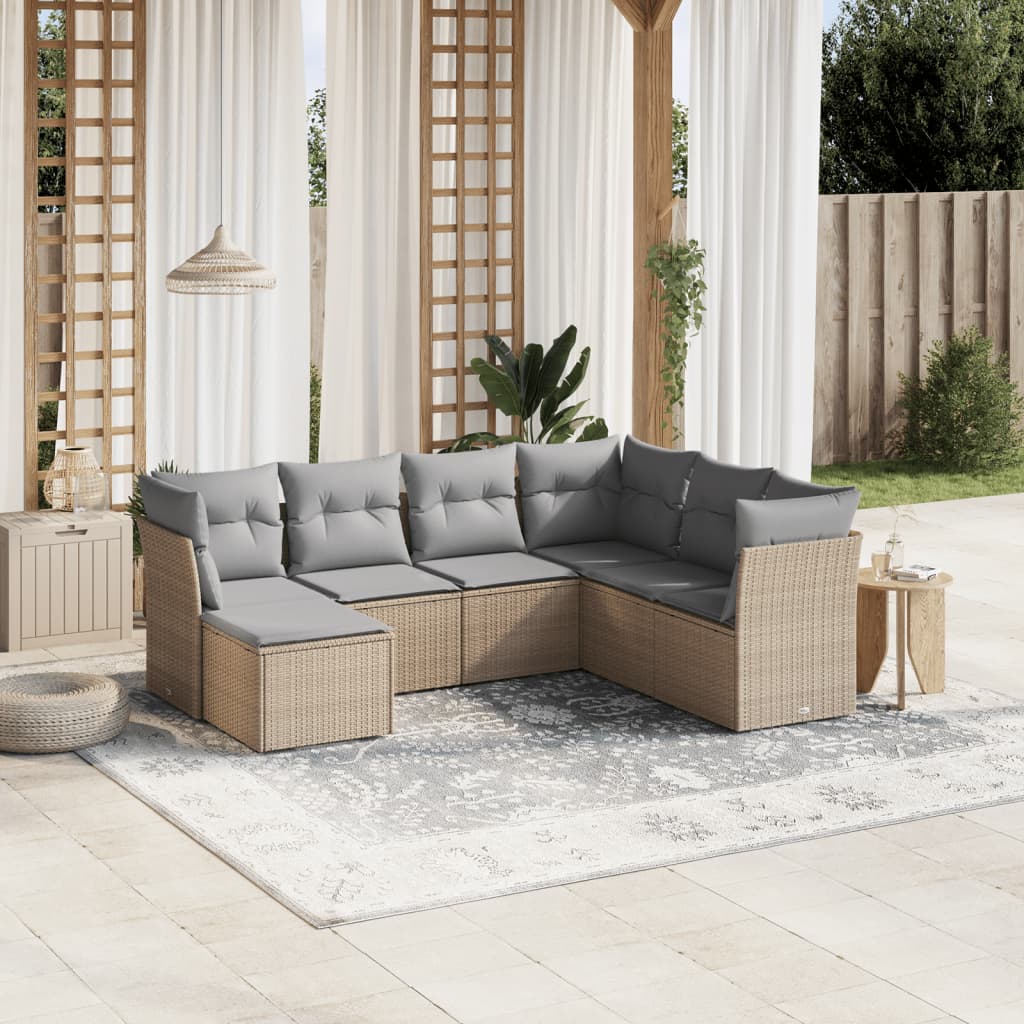 7-tlg. Garten-Sofagarnitur mit Kissen Beige Poly Rattan