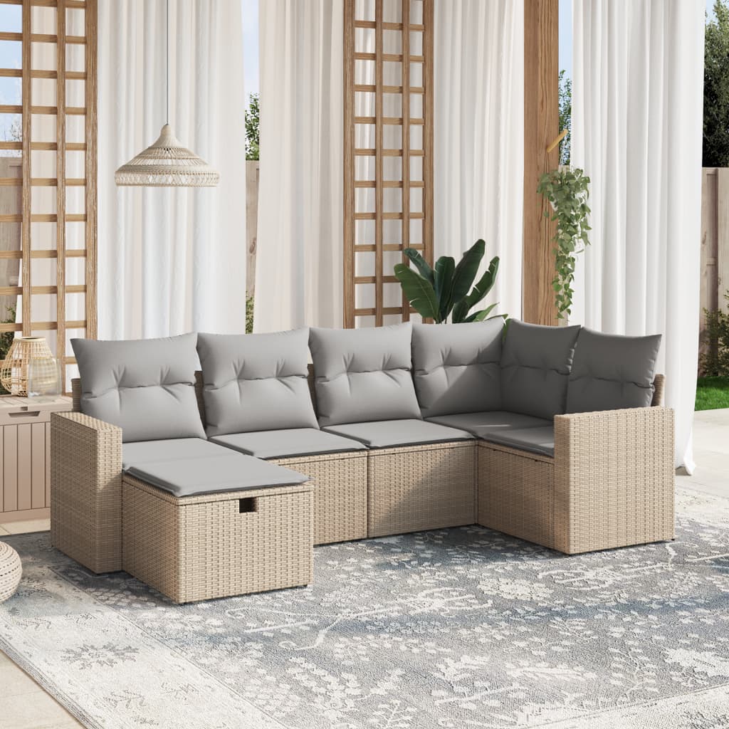 6-tlg. Garten-Sofagarnitur mit Kissen Beige Poly Rattan