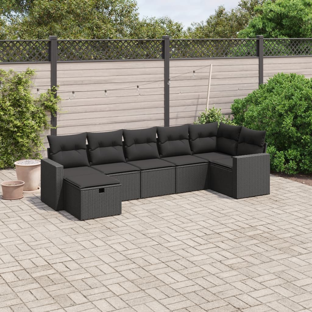 7-tlg. Garten-Sofagarnitur mit Kissen Schwarz Poly Rattan