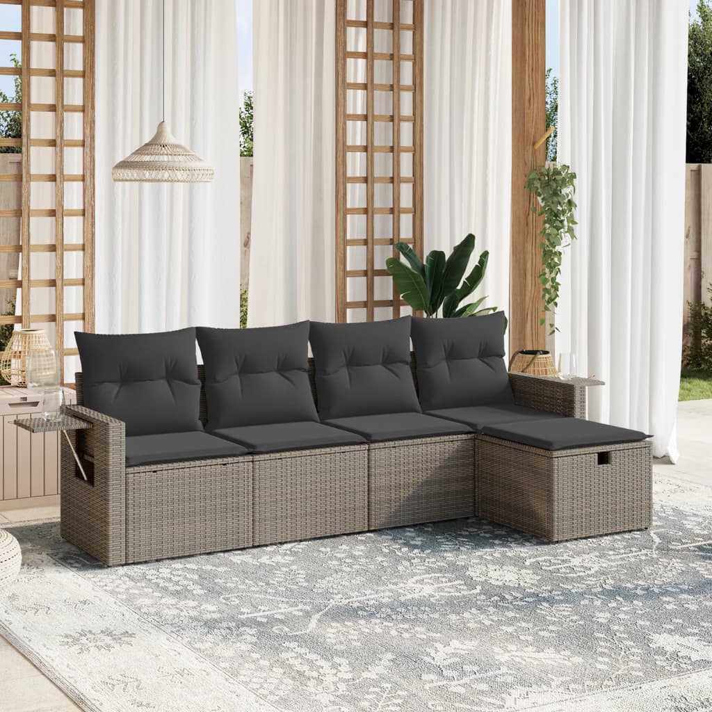 5-tlg. Garten-Sofagarnitur mit Kissen Grau Poly Rattan