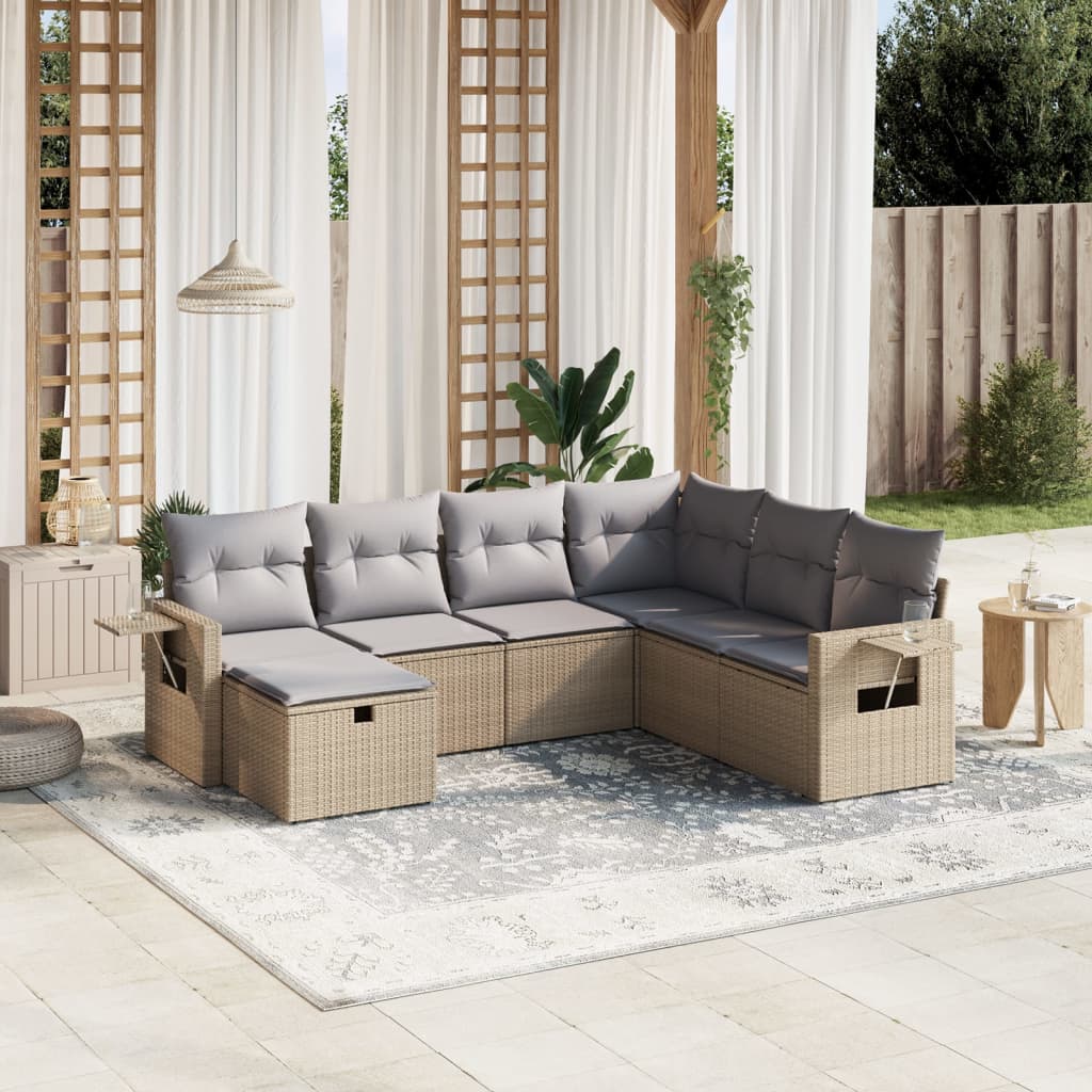 7-tlg. Garten-Sofagarnitur mit Kissen Beige Poly Rattan