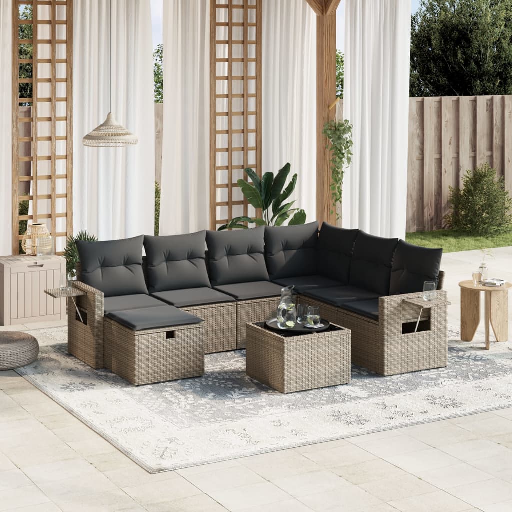 8-tlg. Garten-Sofagarnitur mit Kissen Grau Poly Rattan