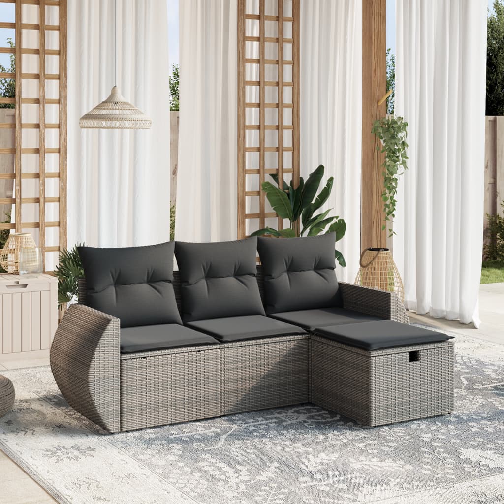 4-tlg. Garten-Sofagarnitur mit Kissen Grau Poly Rattan