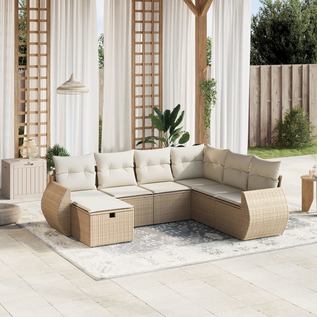 7-tlg. Garten-Sofagarnitur mit Kissen Beige Poly Rattan