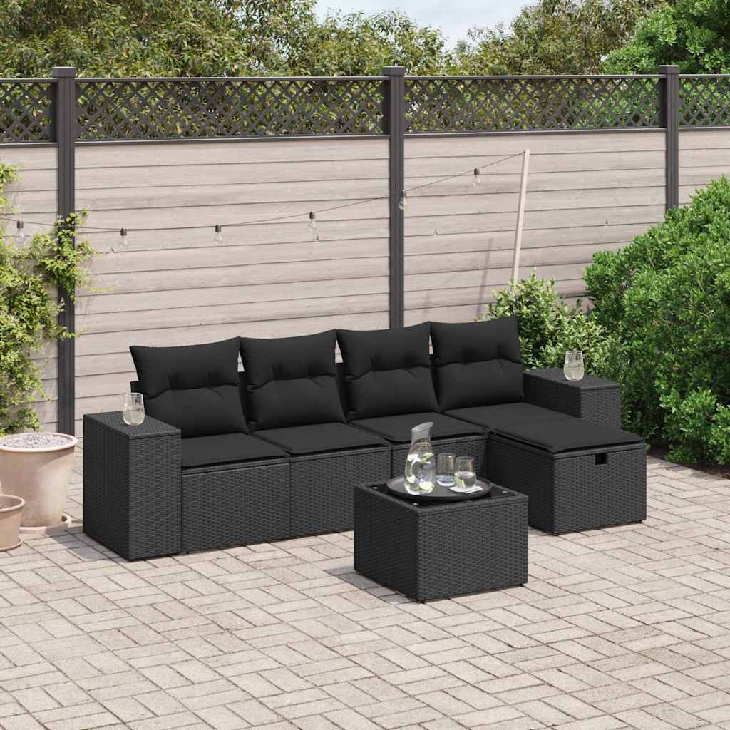 6-tlg. Garten-Sofagarnitur mit Kissen Schwarz Poly Rattan