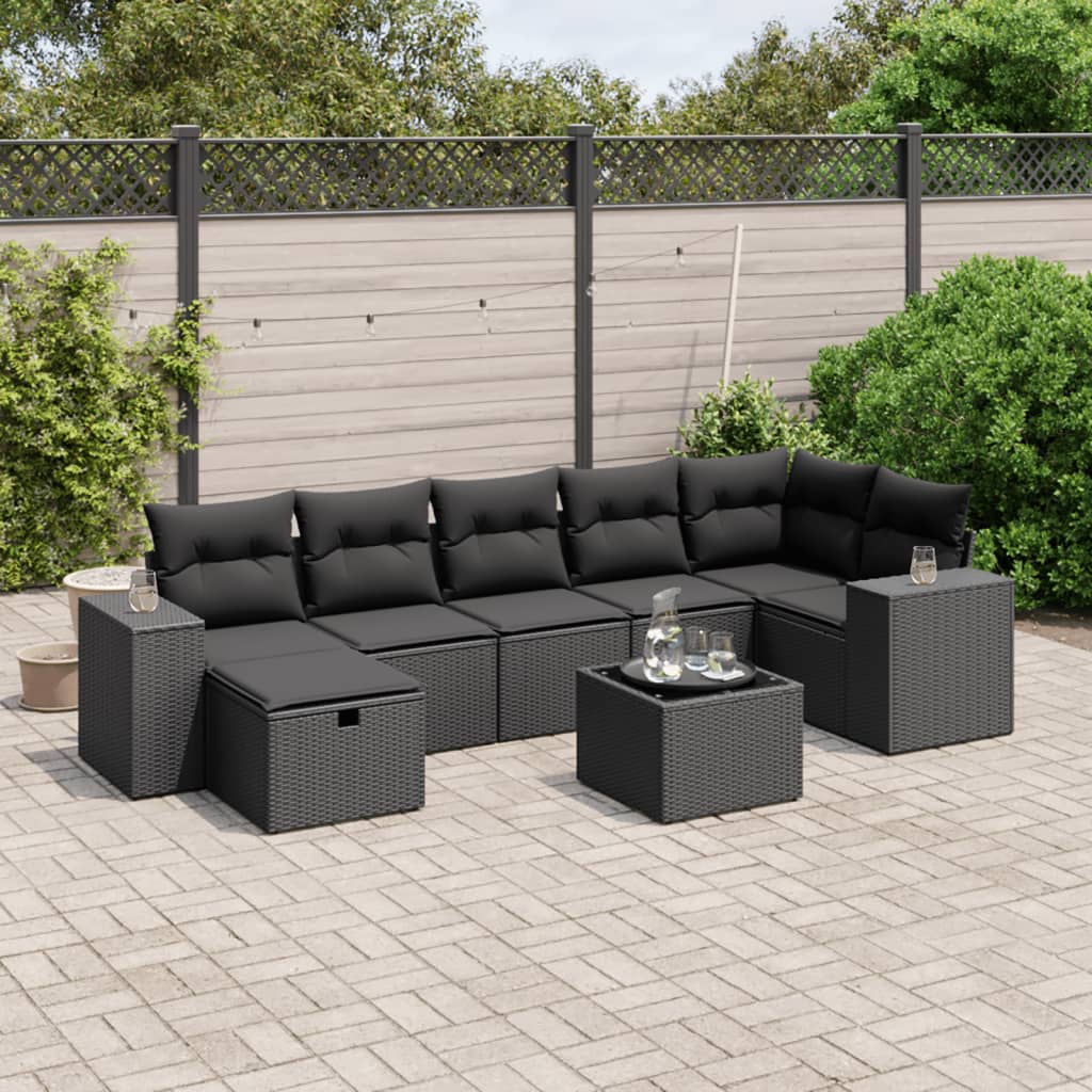 8-tlg. Garten-Sofagarnitur mit Kissen Schwarz Poly Rattan