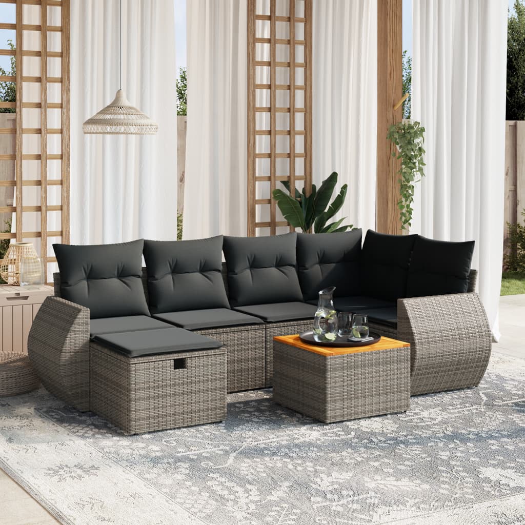 7-tlg. Garten-Sofagarnitur mit Kissen Grau Poly Rattan