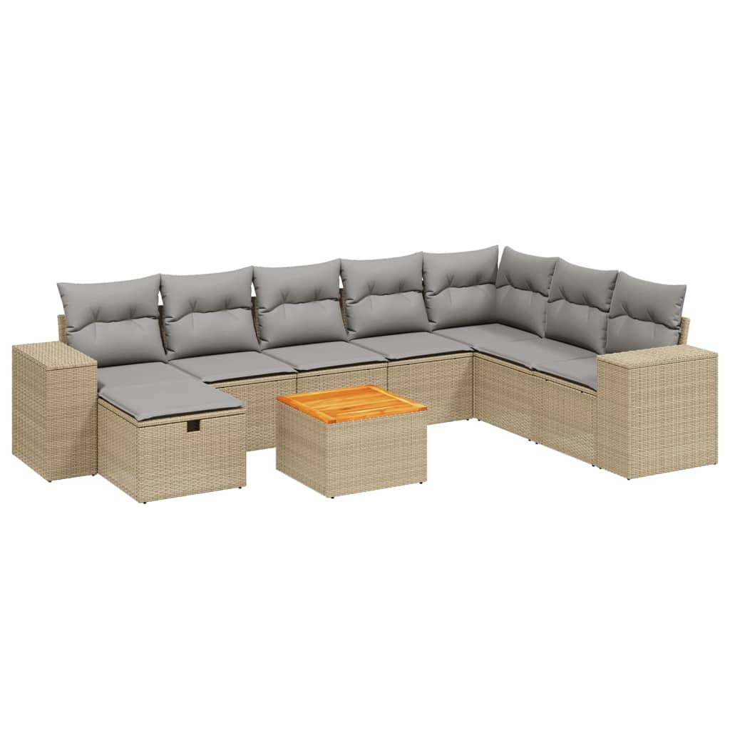 9-tlg. Garten-Sofagarnitur mit Kissen Beige Poly Rattan