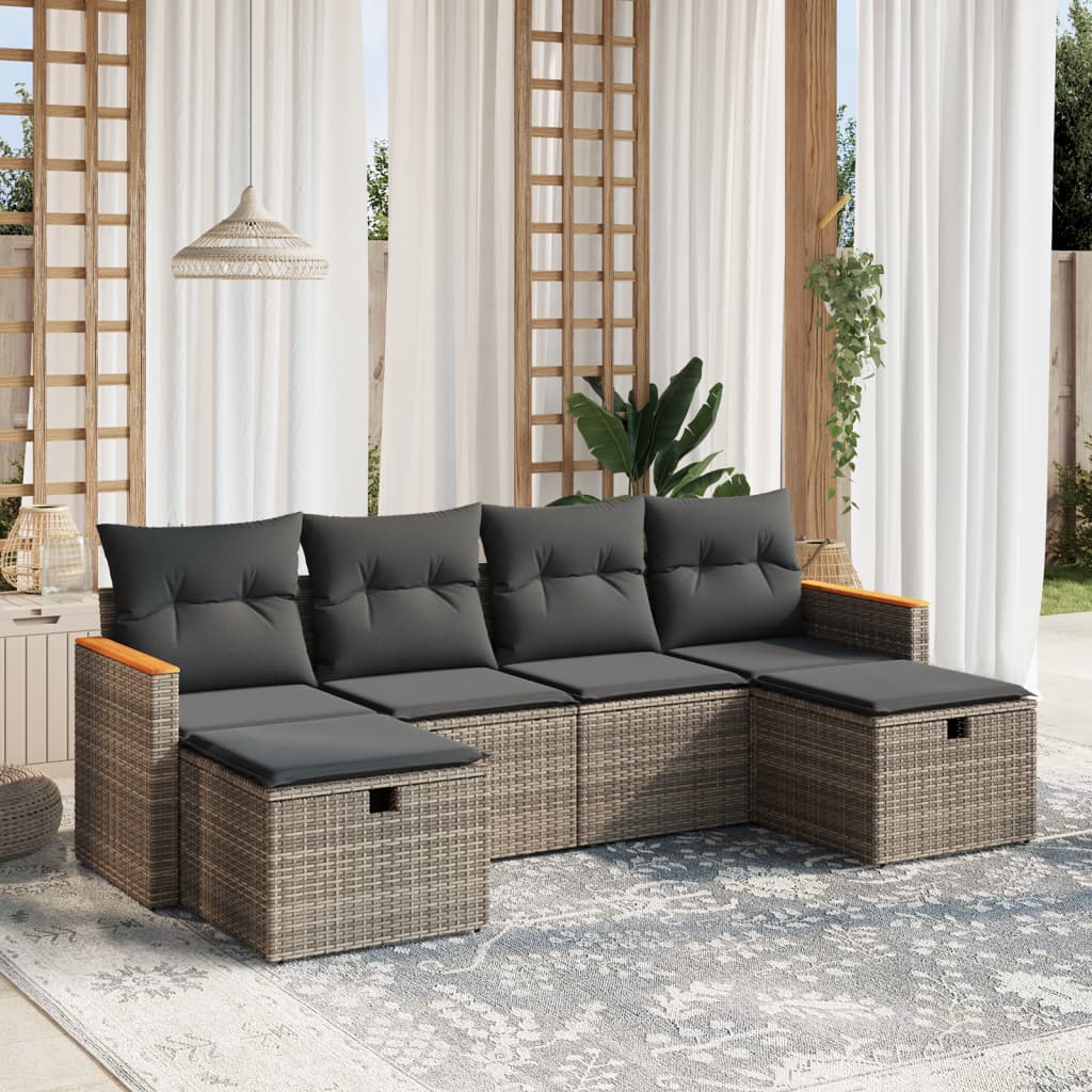 6-tlg. Garten-Sofagarnitur mit Kissen Grau Poly Rattan